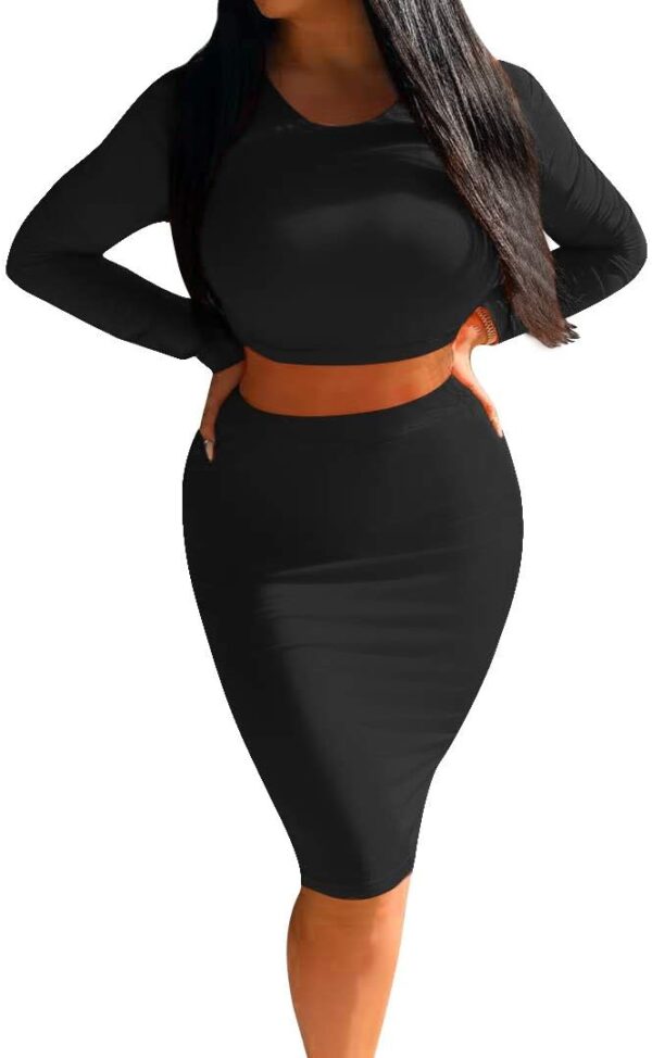 Mokoru Women's Sexy 2 Piece Outfits Crop Top Long Sleeve Bodycon Midi Club Dress